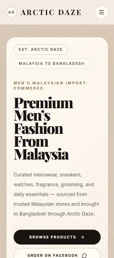 Arctic Daze mobile homepage showing responsive navigation, editorial type, and product actions.