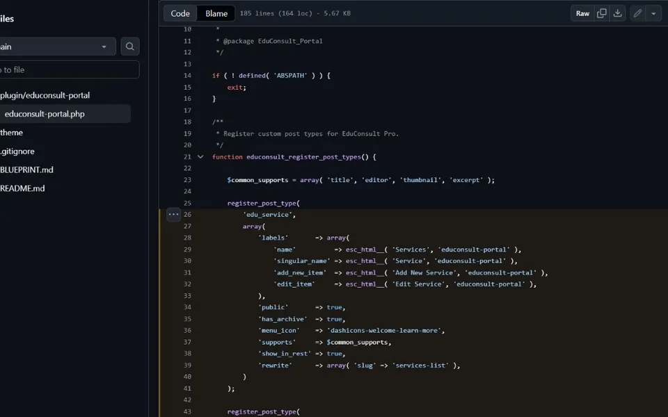 GitHub source view of the EduConsult Pro custom WordPress plugin registering service content types.