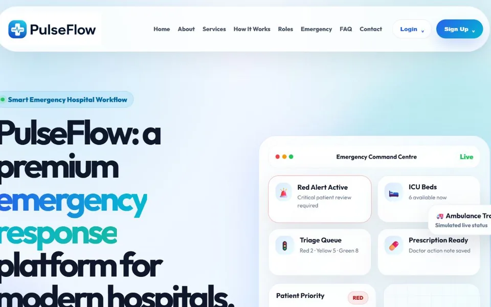 PulseFlow public homepage with an emergency workflow introduction and a command-centre interface preview.
