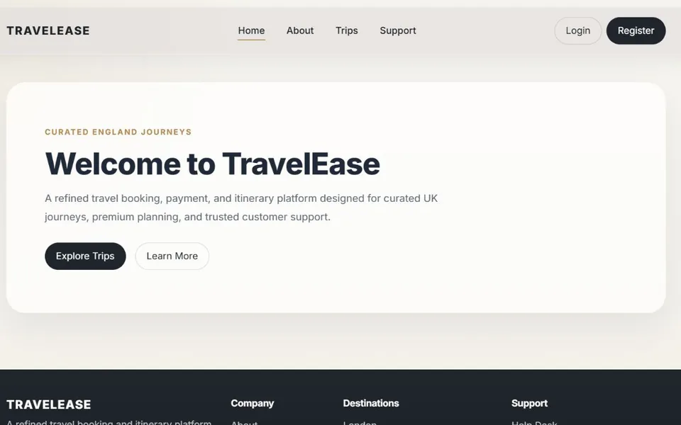 TravelEase public homepage with navigation, a curated England journeys introduction, and actions to explore trips or learn about the platform.